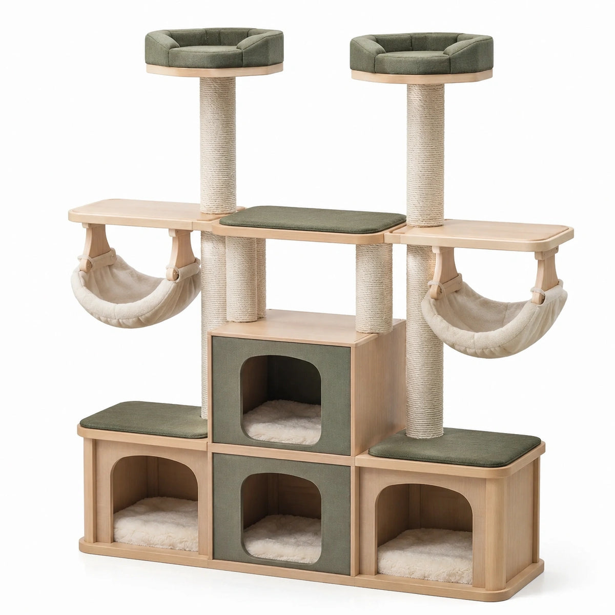 Árbol para Gatos de Madera y Sisal con Hamacas - Verde y Beige