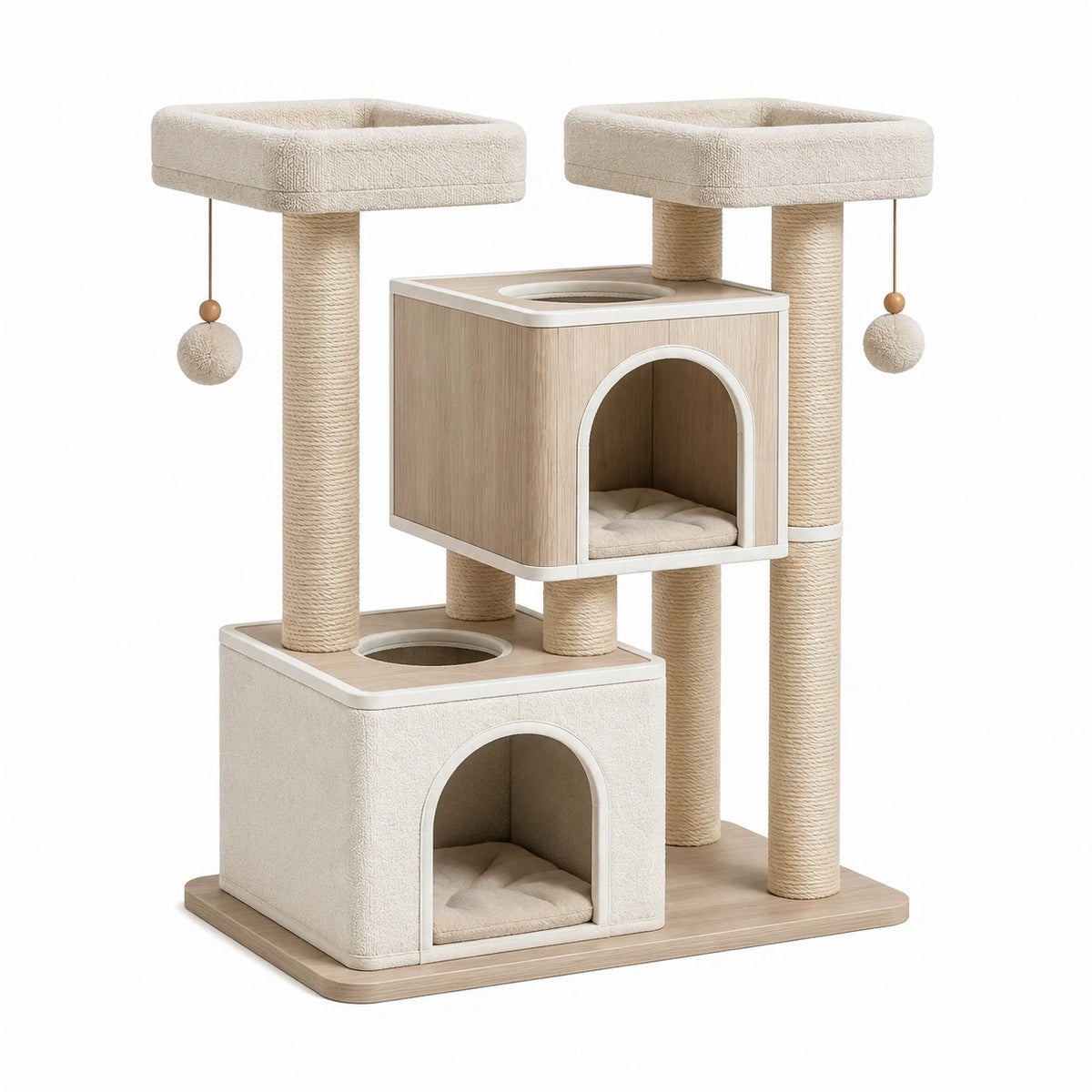 Árbol para gatos de varios niveles con postes de madera y tela beige