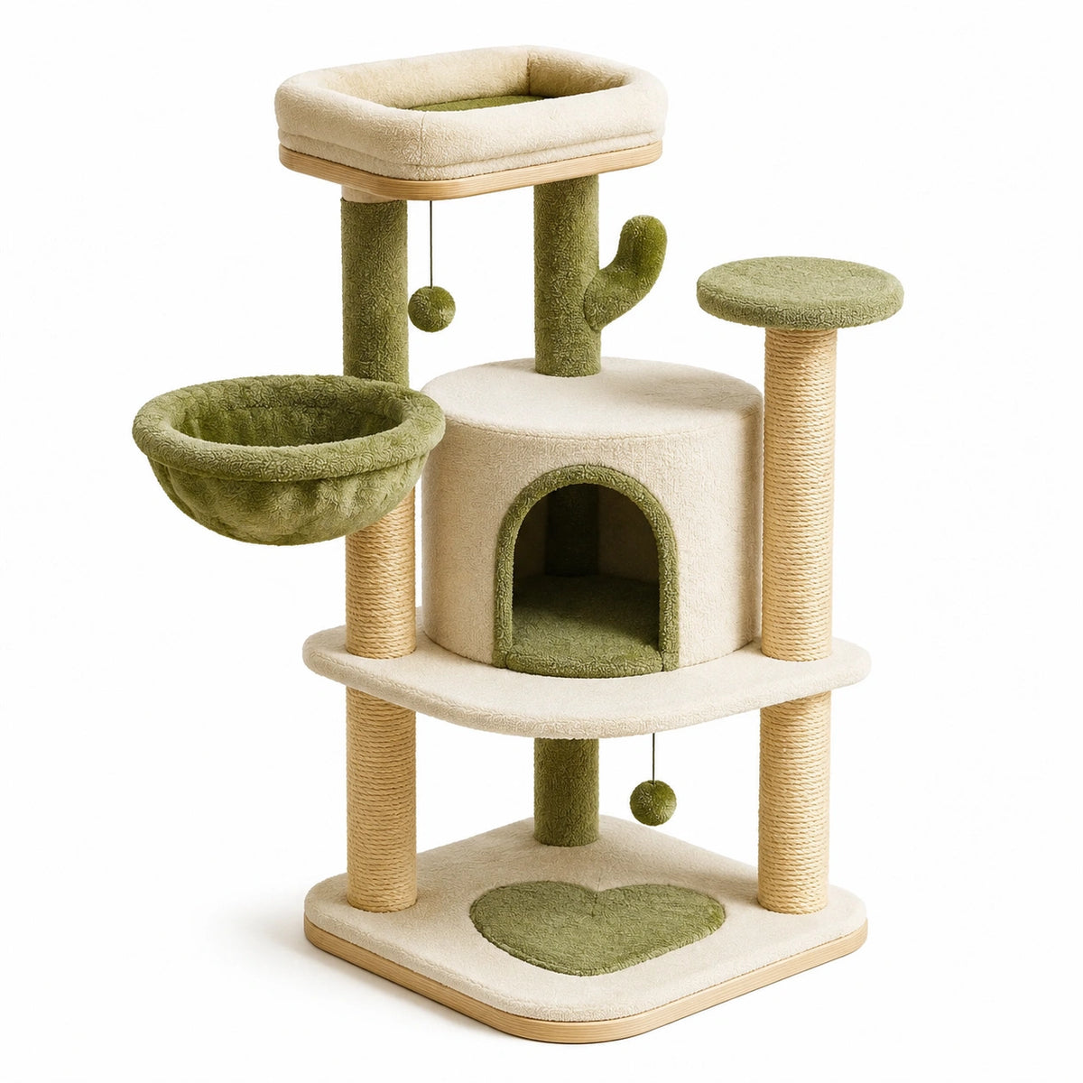 Árbol para gatos de madera aglomerada y felpa verde/beige con niveles y juguetes