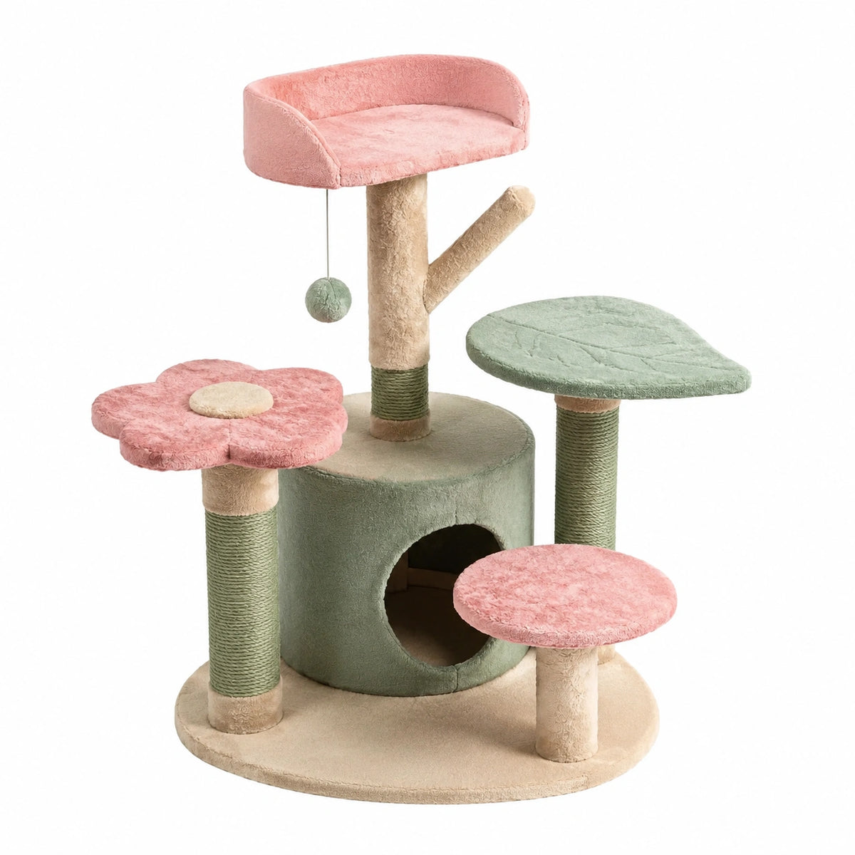 Árbol para gatos de MDF y sisal con plataformas florales en verde y rosa