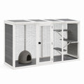 Jaula para gatos de madera y metal con estantes y casa interior de mimbre gris y blanca