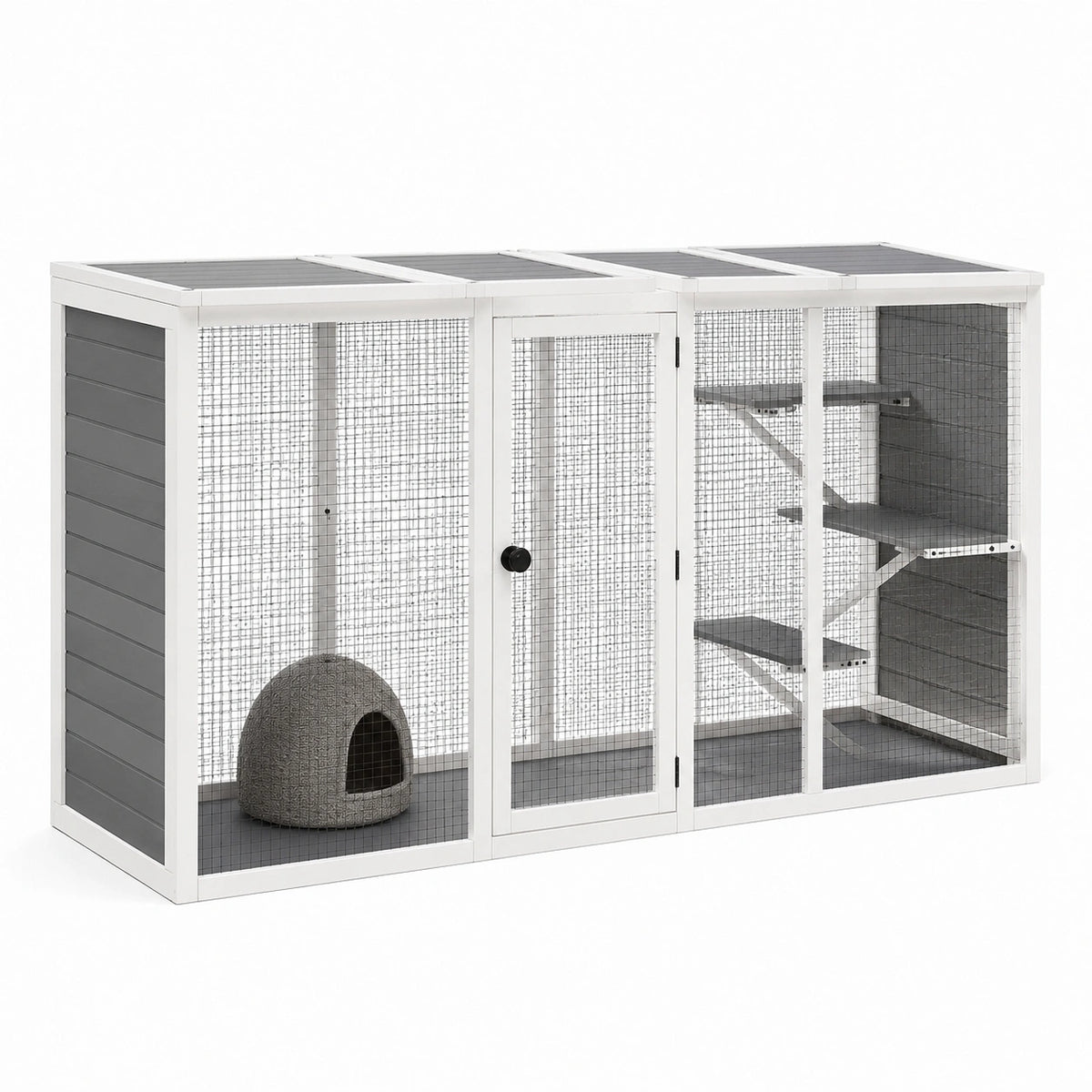 Jaula para gatos de madera y metal con estantes y casa interior de mimbre gris y blanca