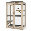 Jaula de madera de abeto para gatos de tres niveles, beige y gris