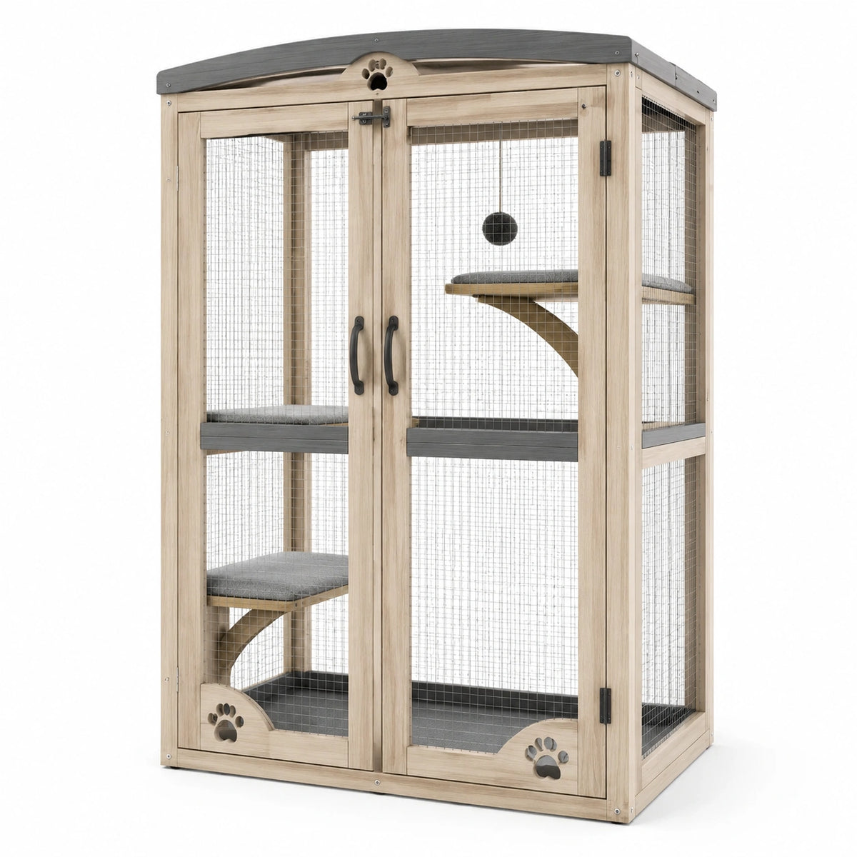 Jaula de madera de abeto para gatos de tres niveles, beige y gris