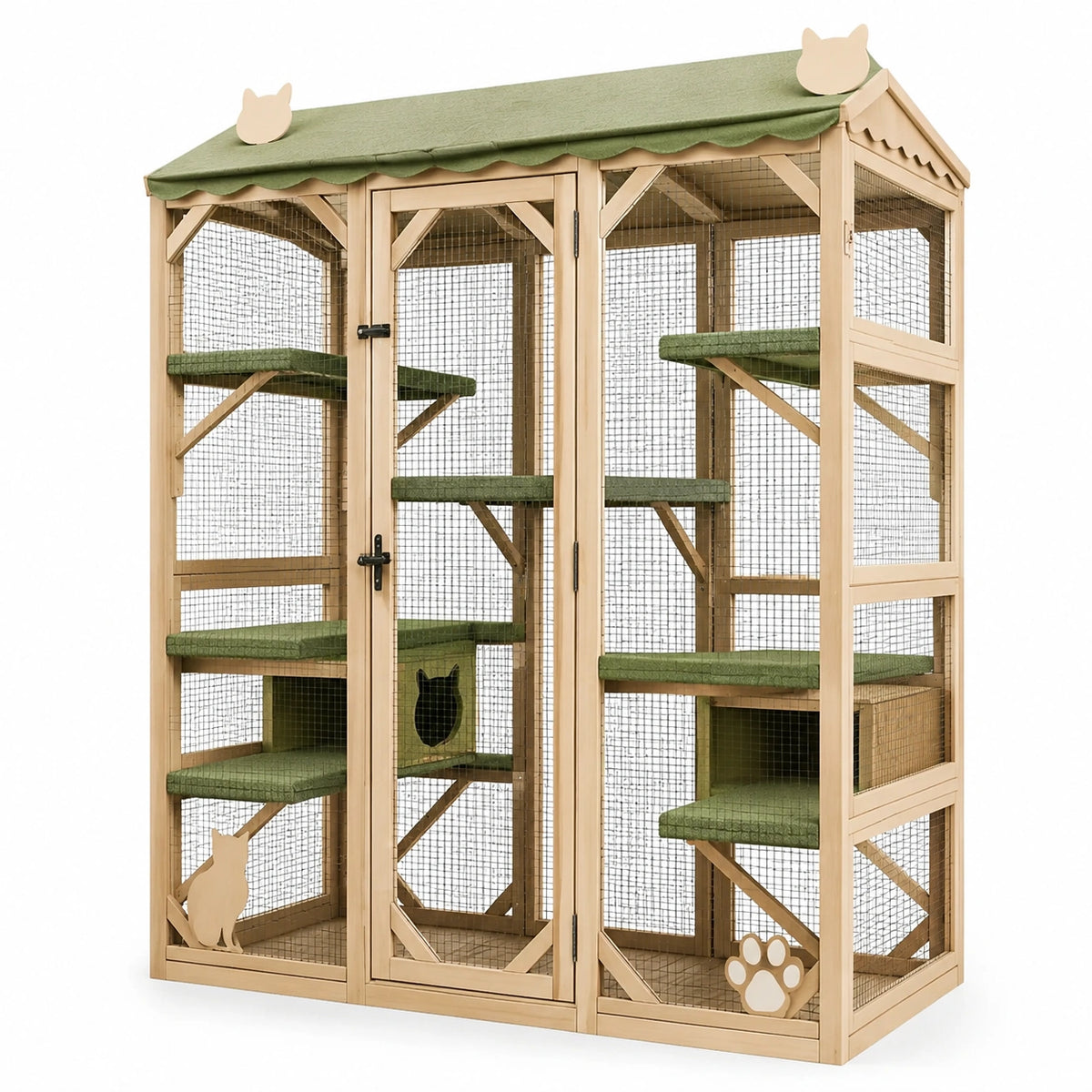 Jaula de madera para gatos con techo verde y niveles múltiples