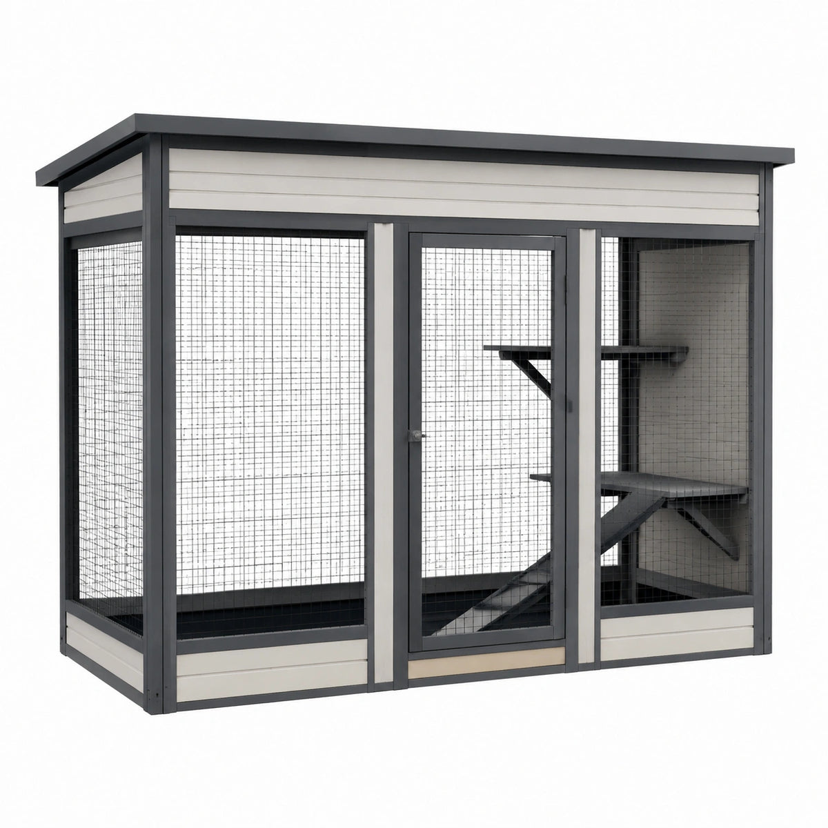 Jaula exterior de metal y madera para gatos gris y blanco 200x100x180 cm