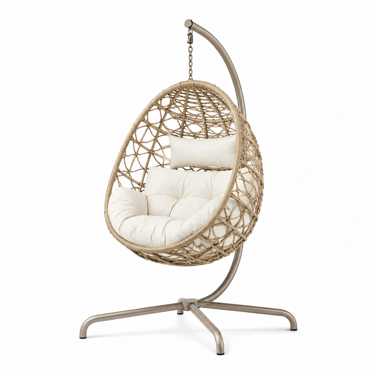 Sillón colgante de ratán sintético con estructura de acero y cojín blanco