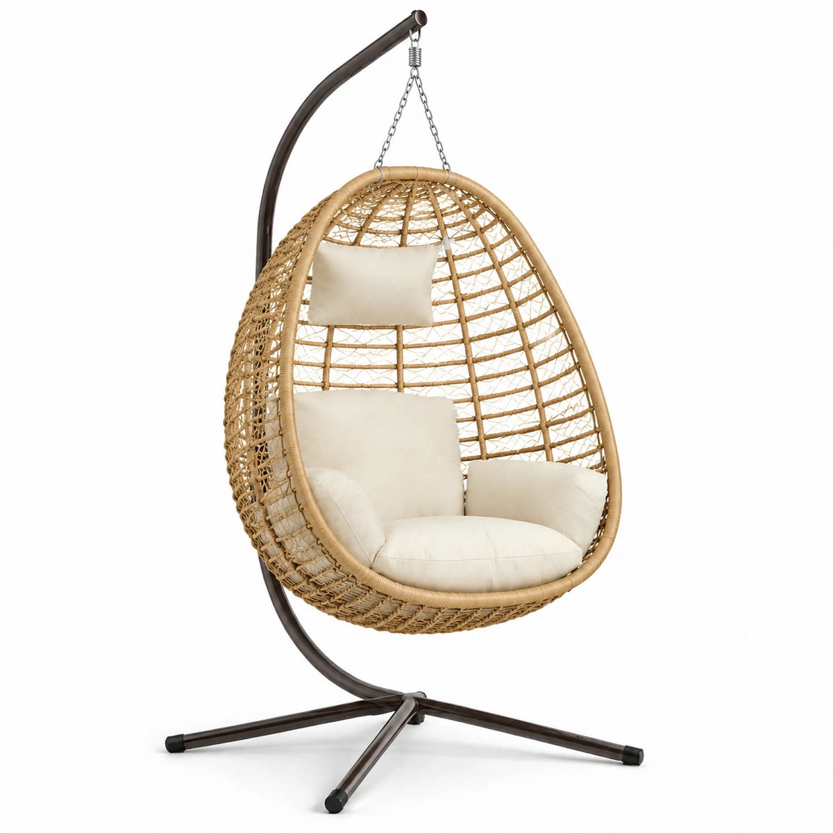 Sillón colgante de ratán con cojines beige y estructura de acero