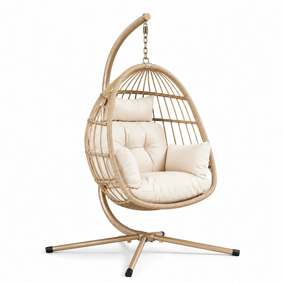 Sillón colgante de ratán sintético y acero con cojines beige