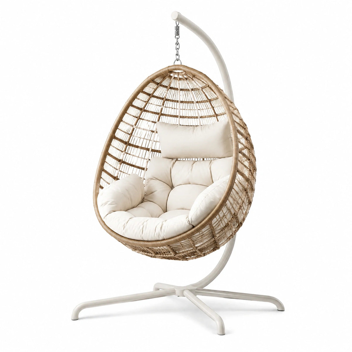 Sillón colgante de ratán y acero con cojines beige