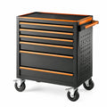 Carro de herramientas de acero negro y naranja con 7 cajones