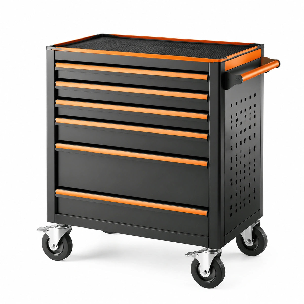Carro de herramientas de acero negro y naranja con 7 cajones