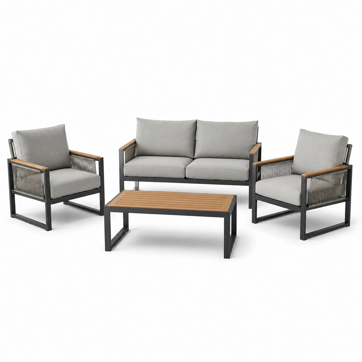 Conjunto de jardín de aluminio y madera, 4 piezas, gris