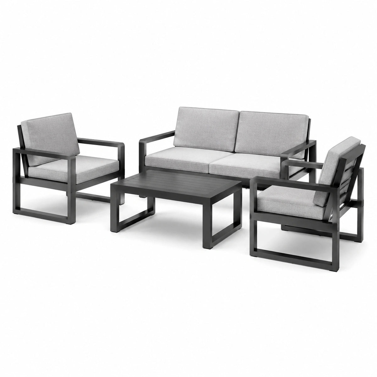 Conjunto de sofá de aluminio con cojines grises y mesa