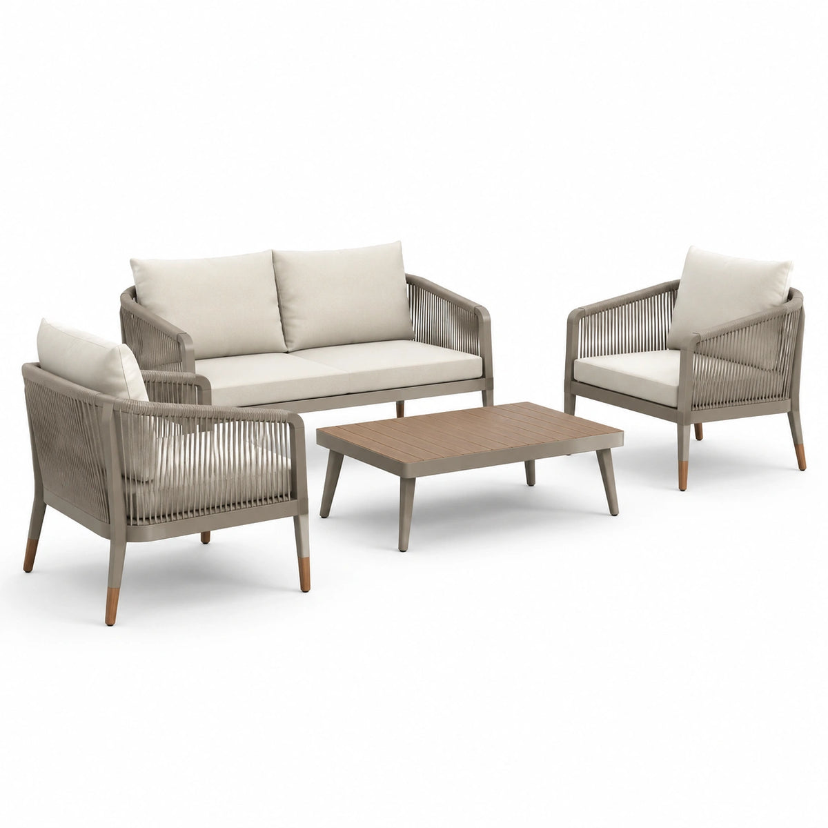 Conjunto de sofás de jardín 4 piezas aluminio cuerda poliéster gris y beige