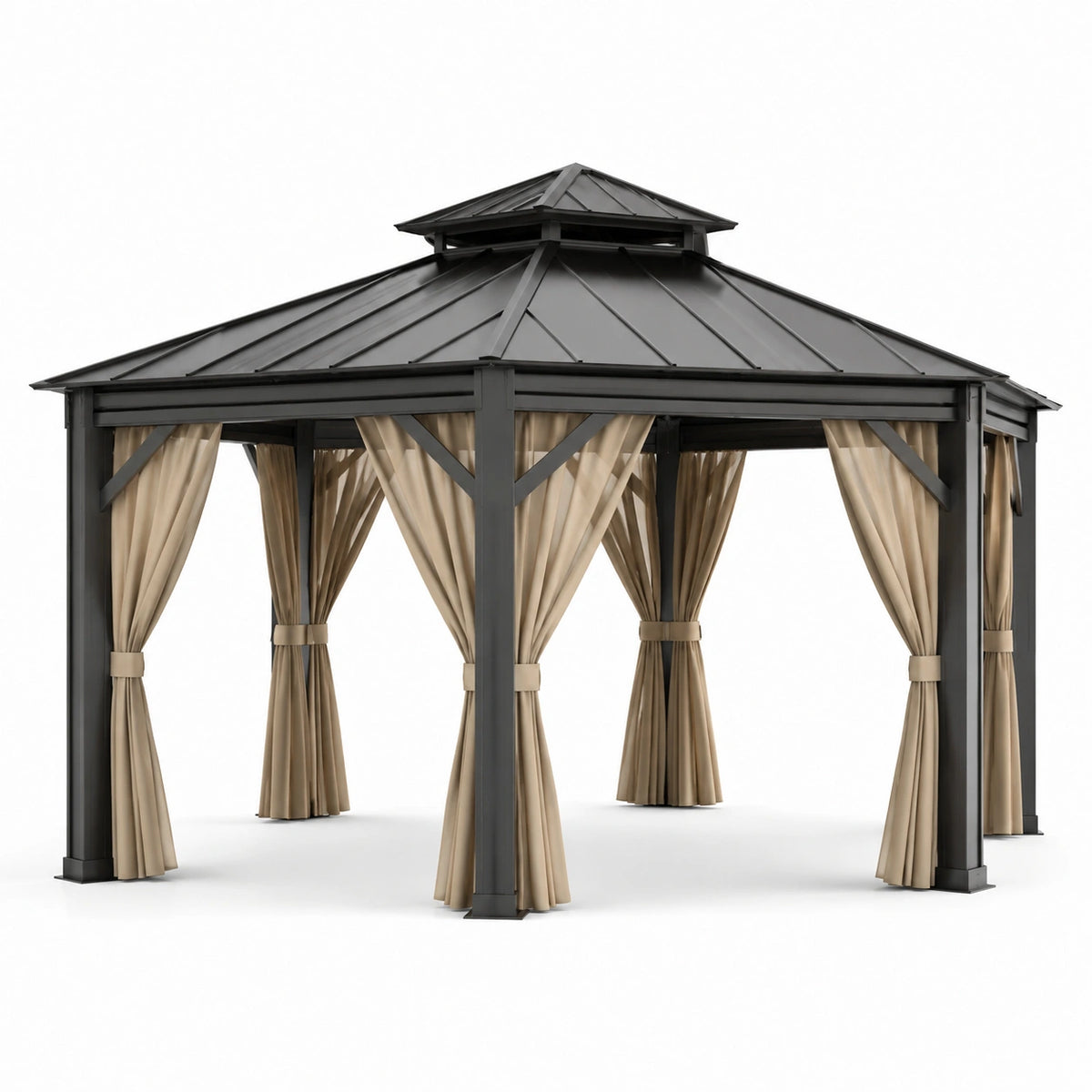 Pérgola de acero con techo de metal y cortinas de poliéster 300x300 cm gris/beige