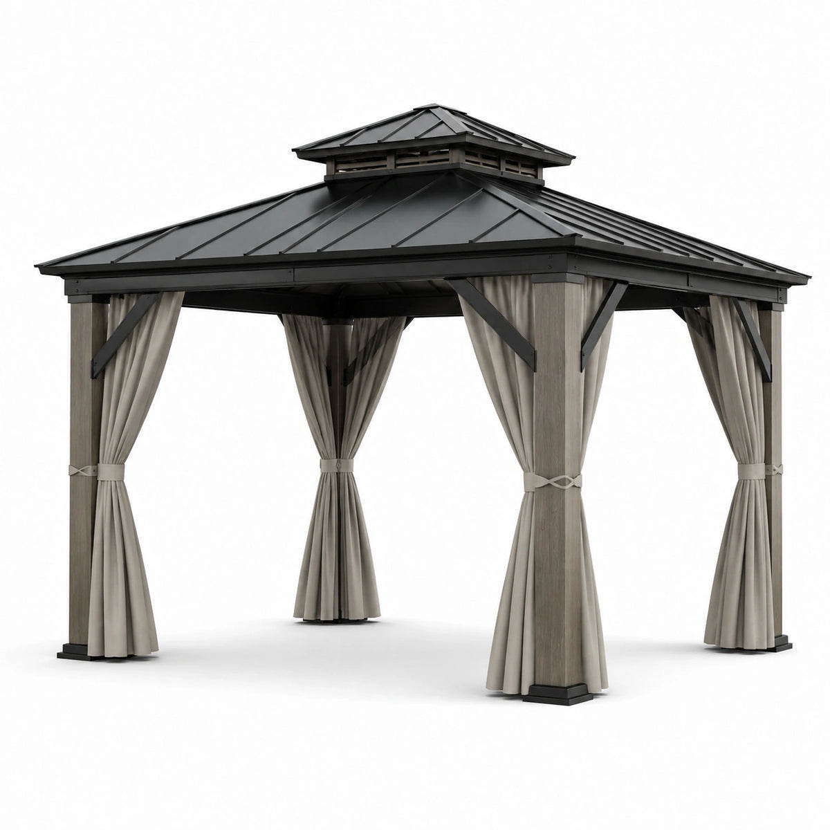 Gazebo de aluminio de 3x3 m con techo de acero y cortinas beige